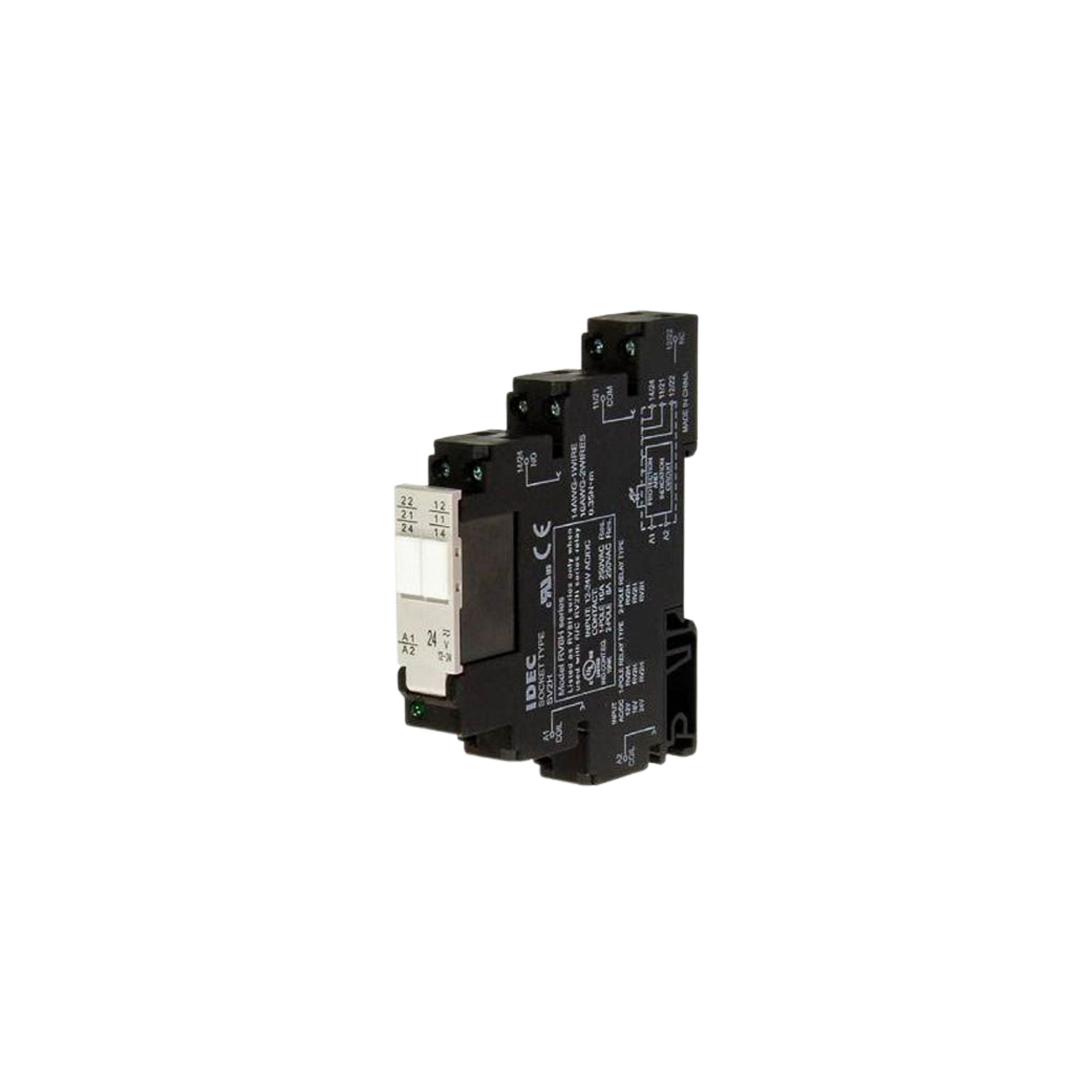 side view of a power relay with tiered levels of screw terminals