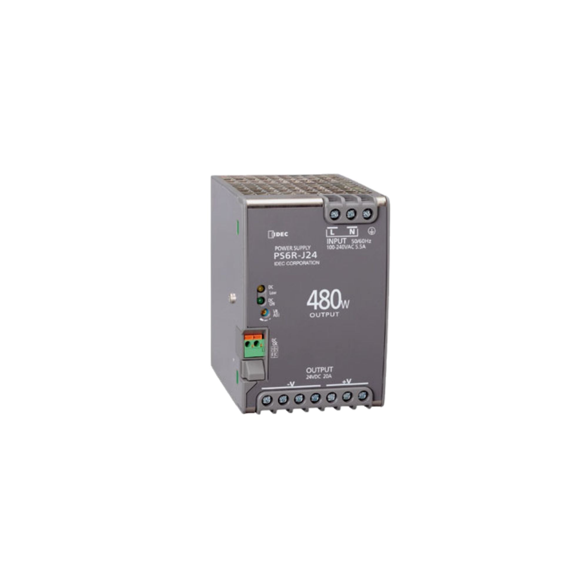rectangular block power supply unit with input ports on the bottom left and terminal blocks on the bottom and the top right