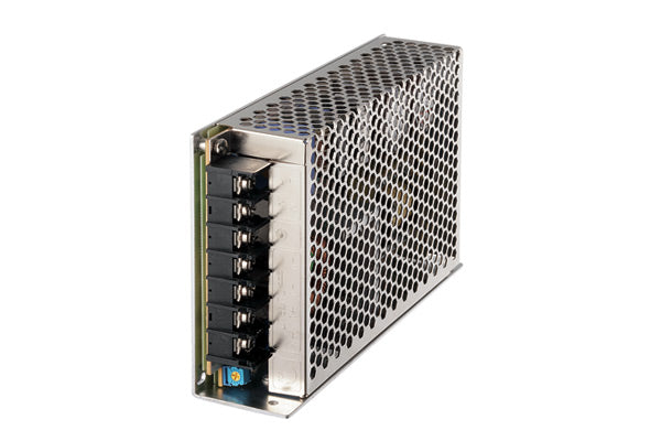 front side view of a rectangular power supply unit with input connections ports in the front and metal grating around the top and right side. 