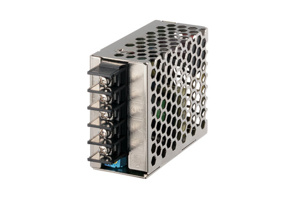 front side view of a rectangular power supply unit with input connections ports in the front and metal grating around the top and right side. 