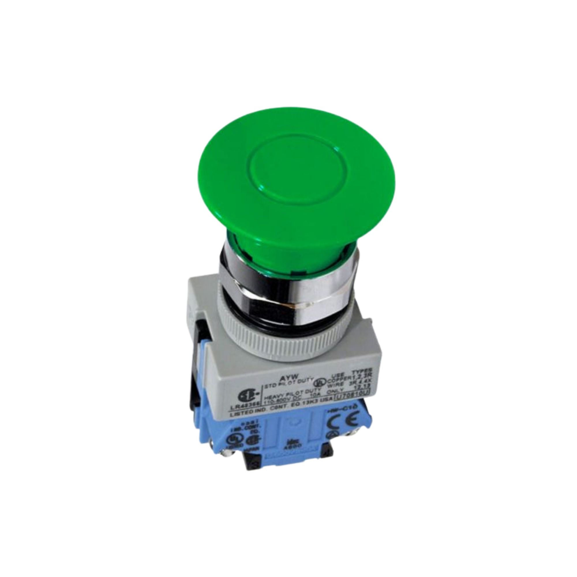 upright push button unit with a blue contact block on the bottom, a grey square in the center and a green push button on the top