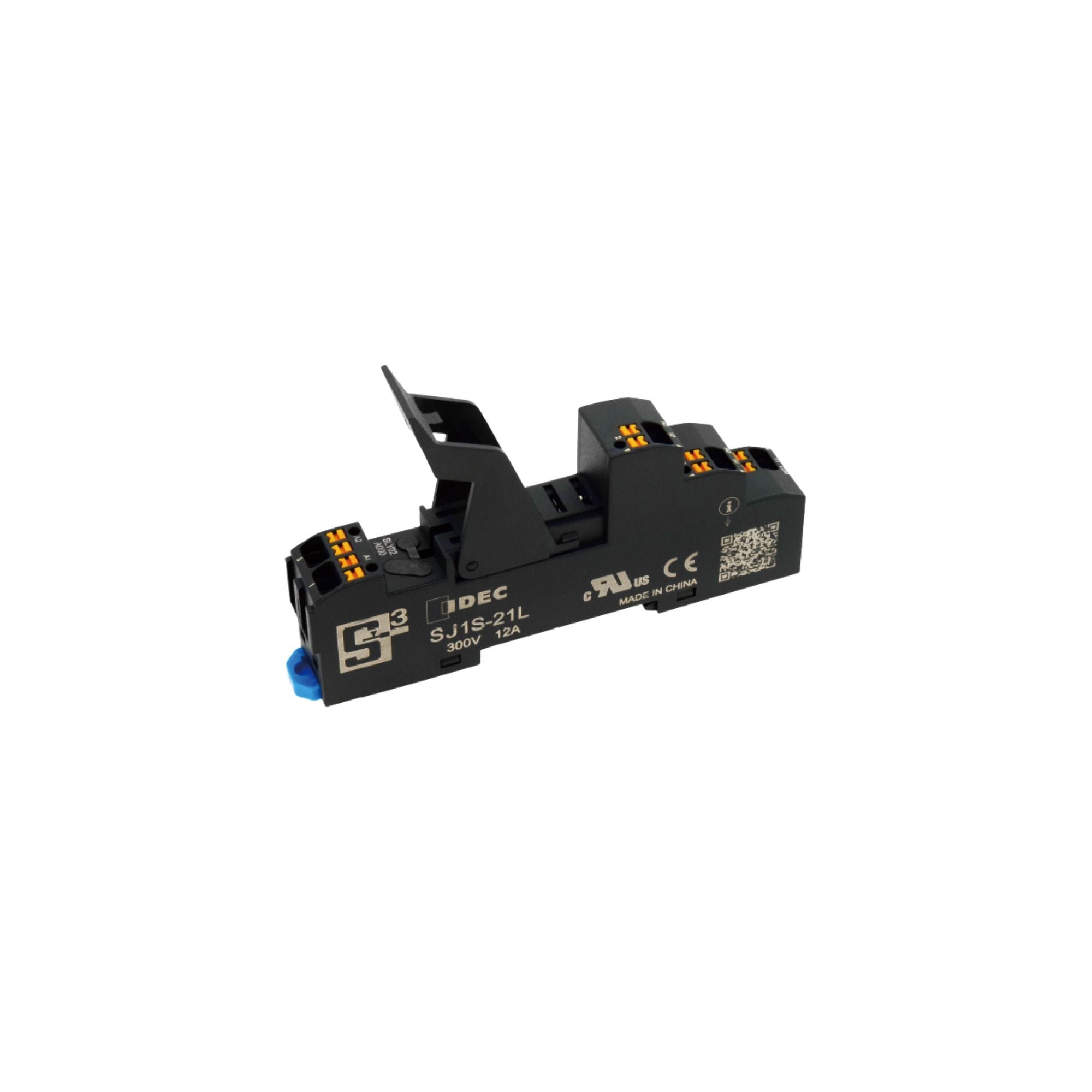 side view of a black  DIN socket unit with a blue tab on the left and multiple tiers of terminal points