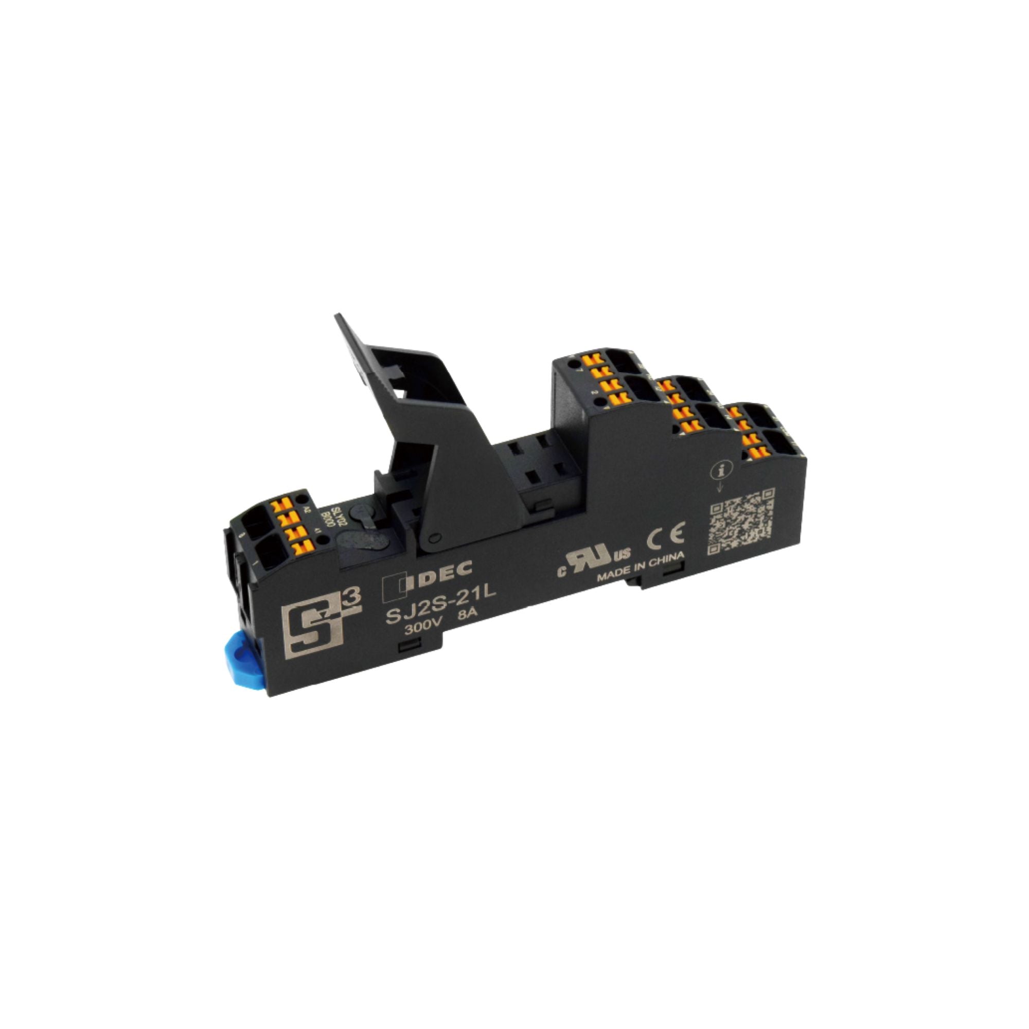 side view of a DIN socket unit with a blue tab on the left and multiple tiers of contact points 