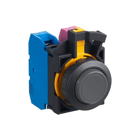 front view of a push button unit with blue and red contact blocks in the back and a black push button in the front