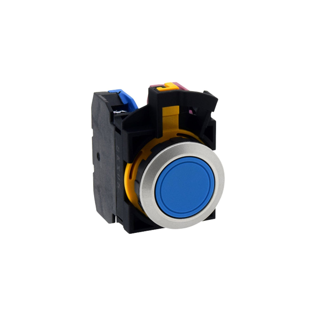 front view of a pushbutton unit with a square black housing in the back and a blue button in the front