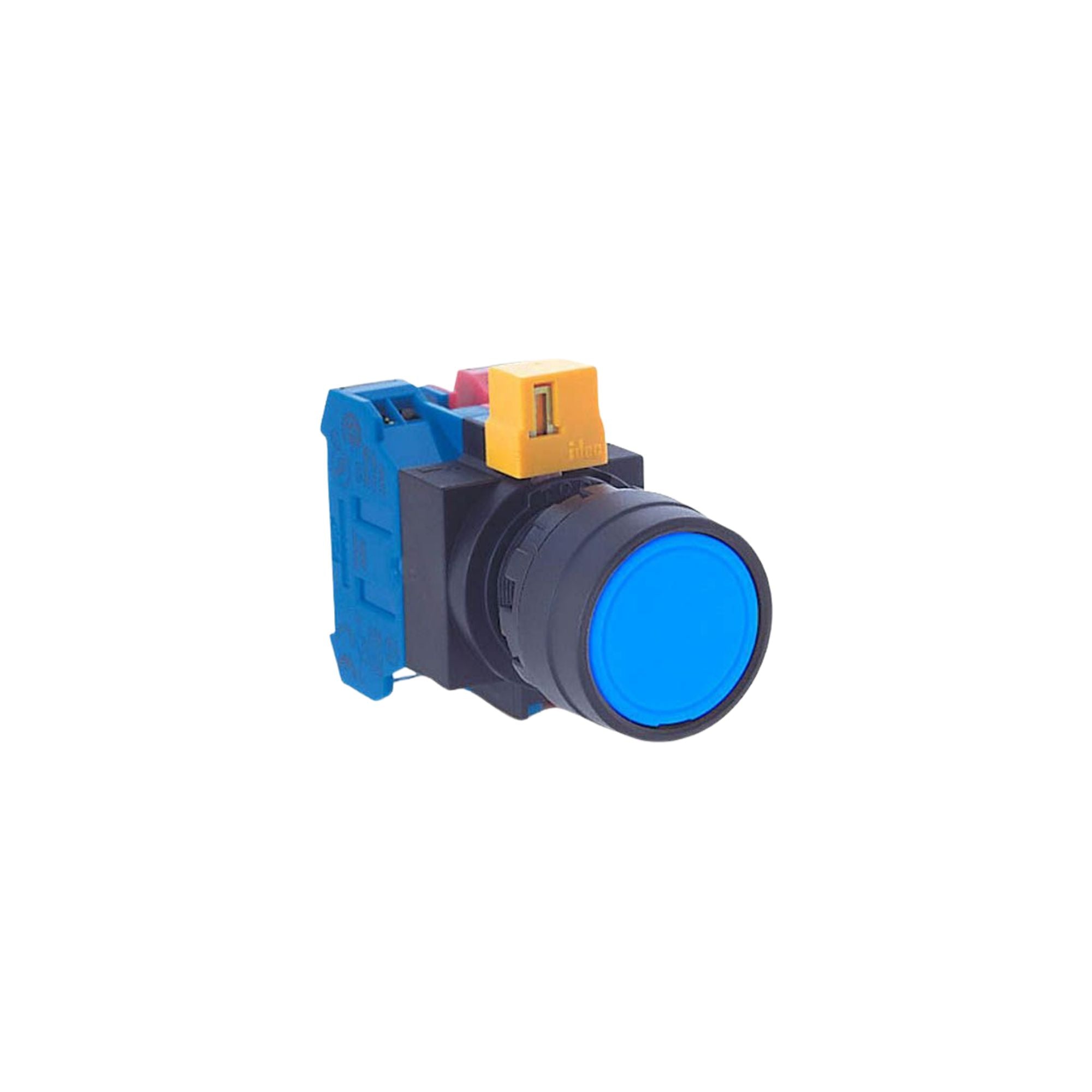 front side view of a push button unit with a blue and red contact block at the back, black housing, and a blue button in the front