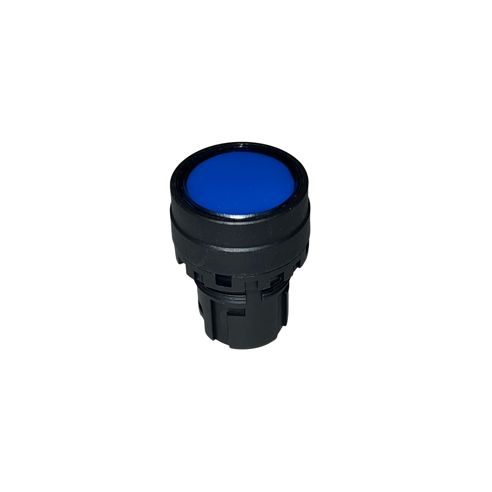 side view of an upright pushbutton unit with black housing and a blue button at the top