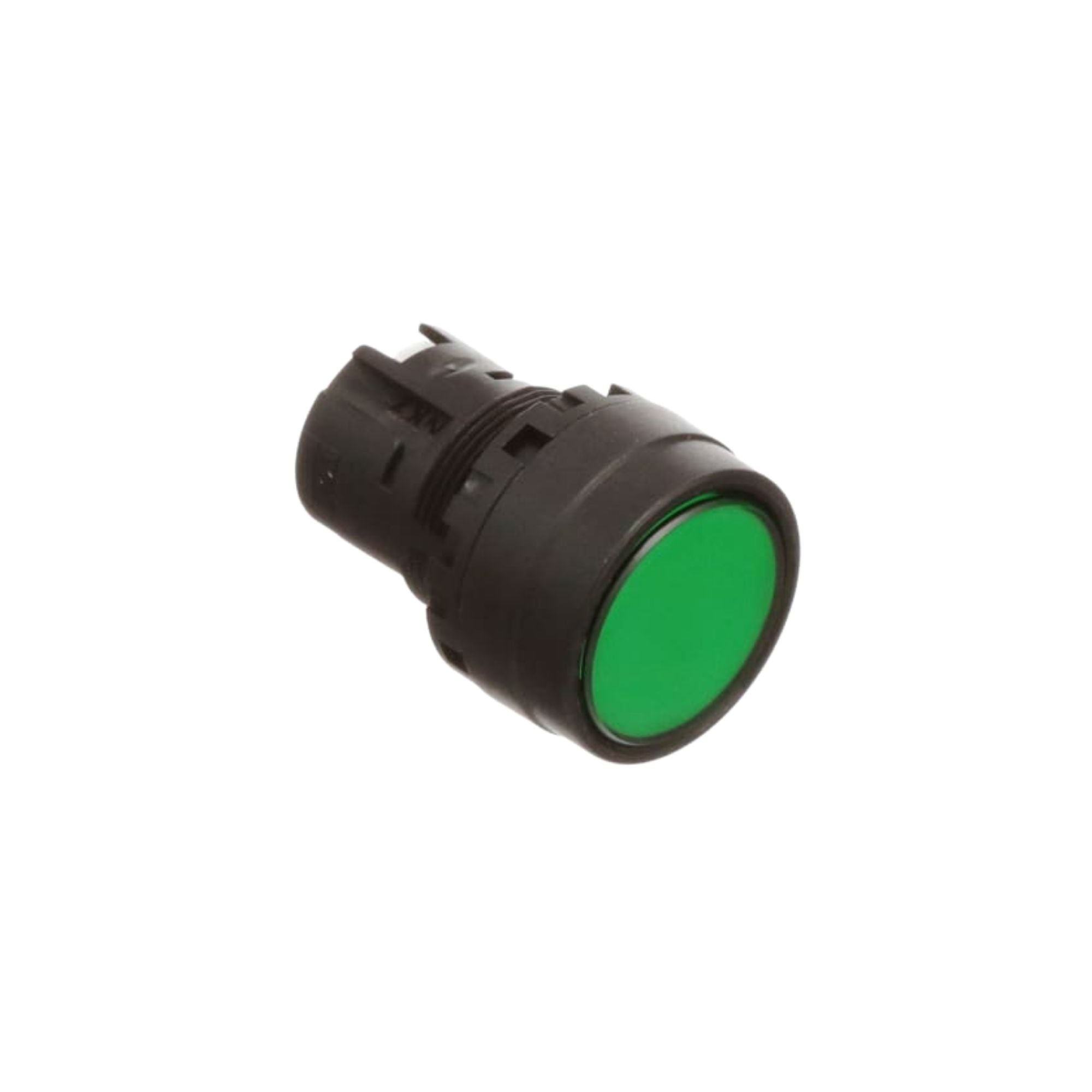 side view of a push button unit with black housing and a green button
