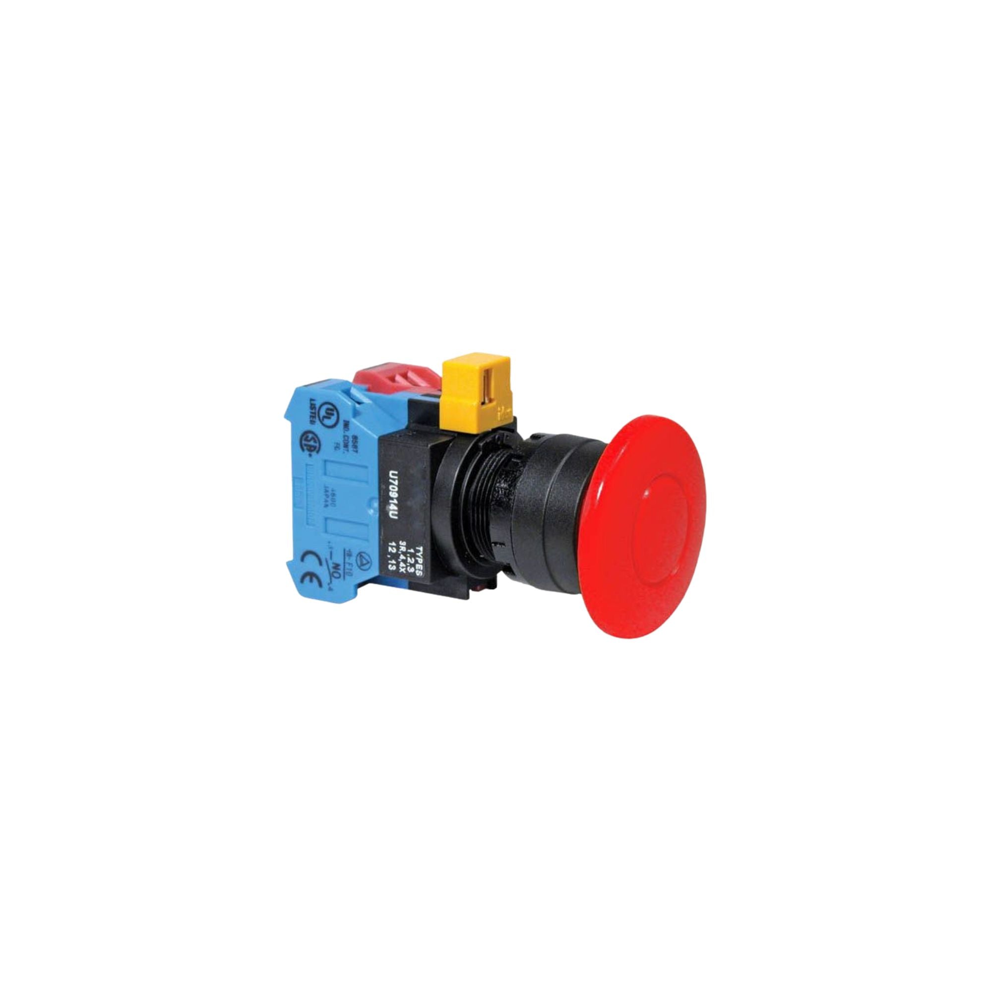 front side view of a push button unit with a blue and red contact block at the back, black housing, and a red button in the front