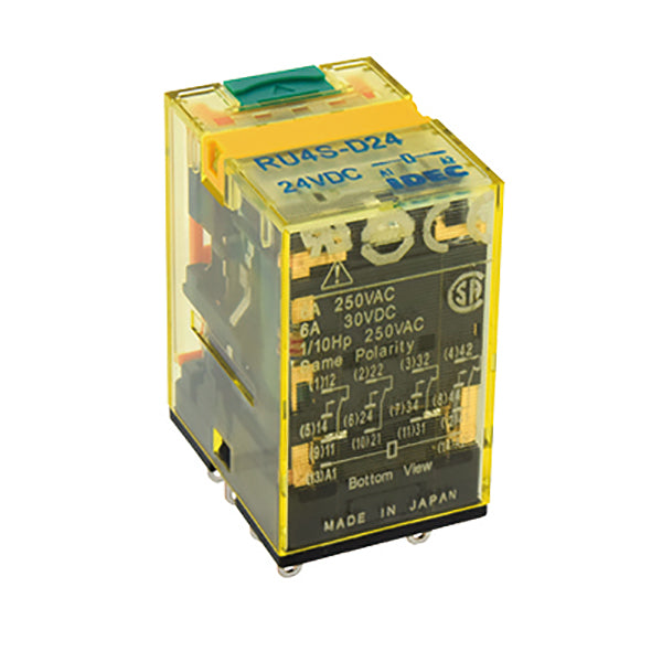 top side view of upright rectangular relay unit with clear plastic housing, wires and connections inside, silver contact tabs on the bottom
