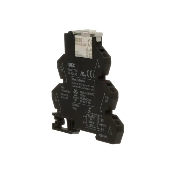 side view of a black tiered relay module with white tab on top and connection ports along the right side