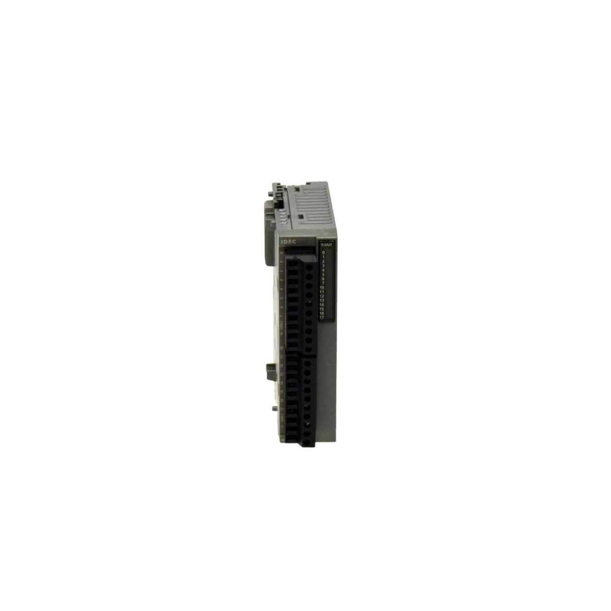front view of a grey rectangular expansion module with black input ports along the front