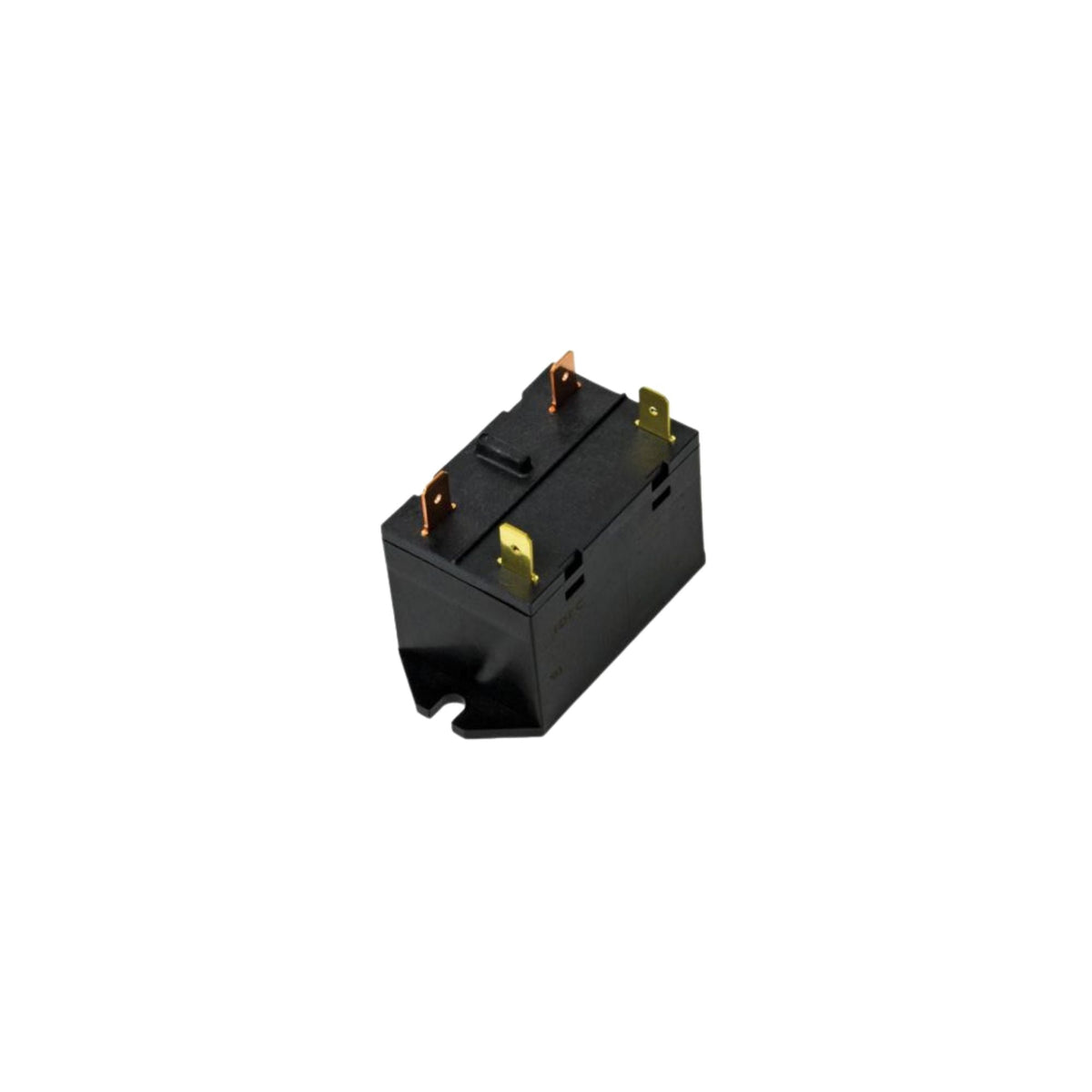 black plastic rectangular relay flange unit with four gold tabs at the top