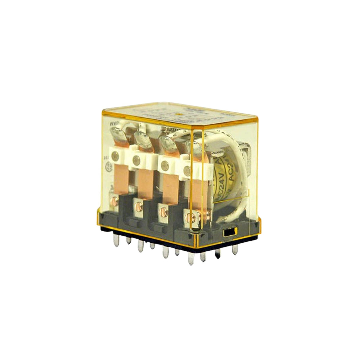 upright rectangular relay unit with clear yellow housing, wires and contacts inside, and metal tabs on the bottom