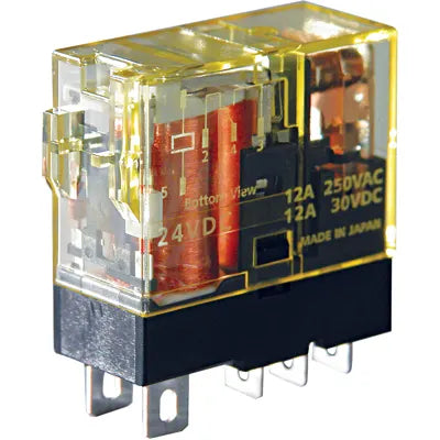 front side view of upright rectangular relay unit with clear plastic housing, wires and connections inside, silver contact tabs on the bottom