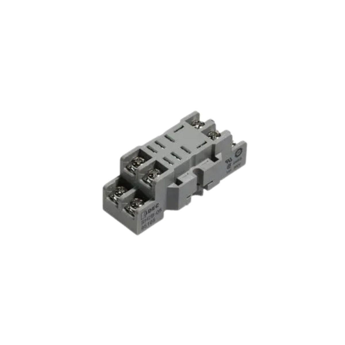 side view of a grey plastic relay socket unit with eight pins