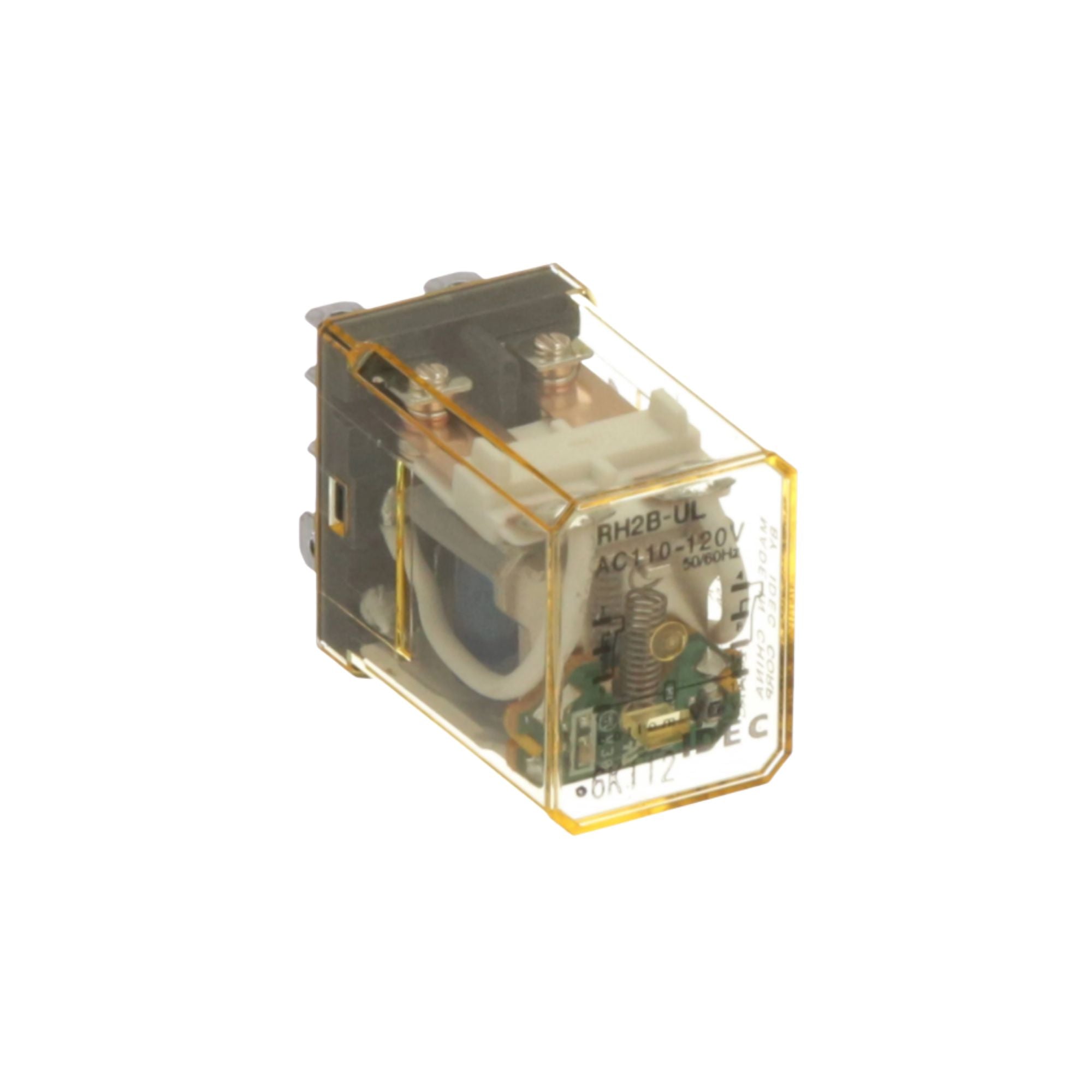 side view of rectangular relay unit with clear yellow housing, wires and contacts inside, and metal tabs at the back