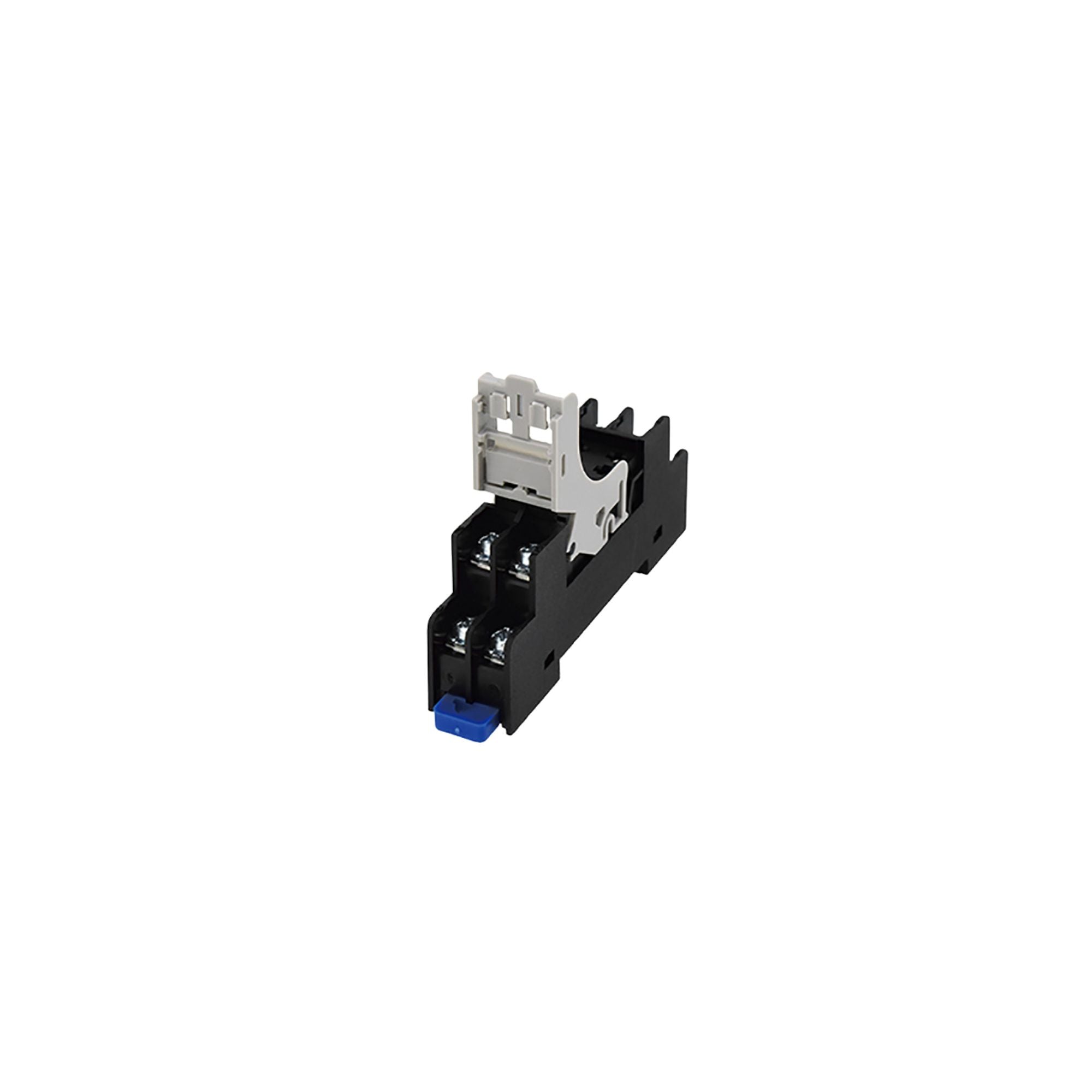 side view of a black DIN socket with a blue tab at the bottom, two levels of terminals, and a white cover on the top