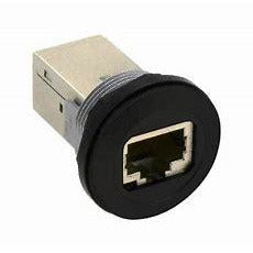 metal back with black rounded face with female ethernet port