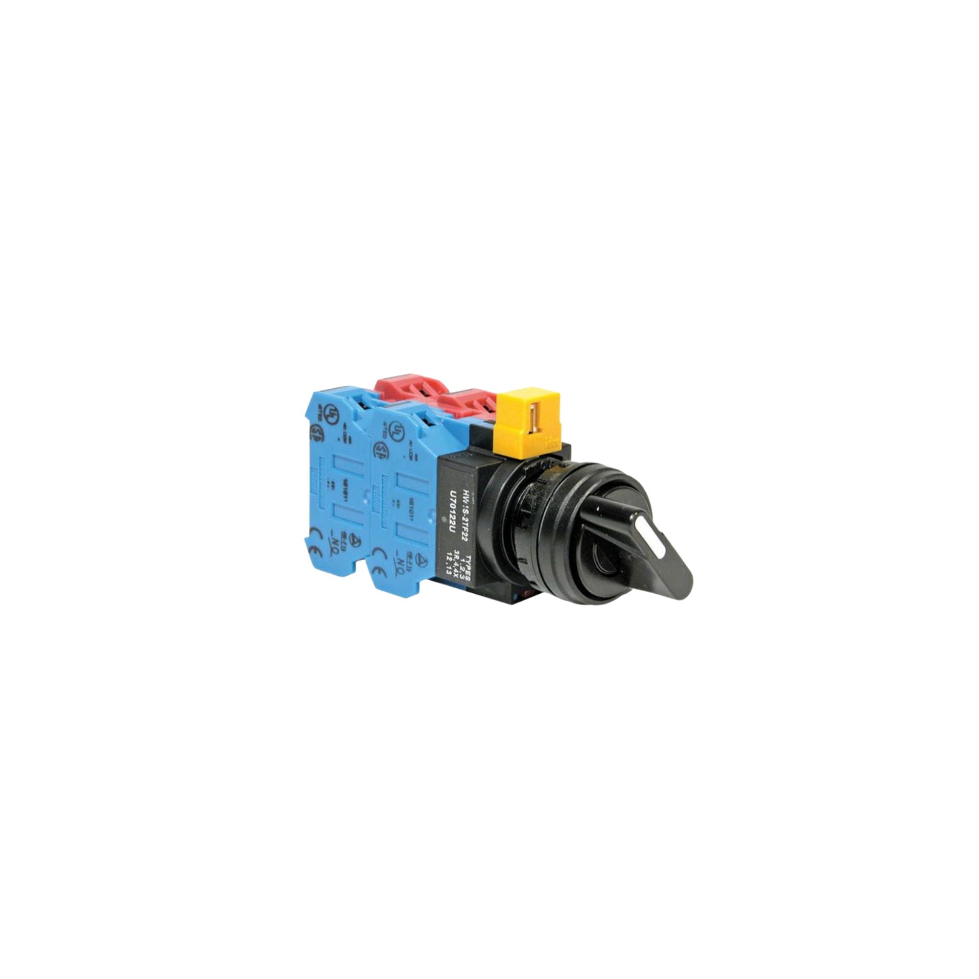 front side view of a selector switch unit with blue and red contact blocks on the left, black housing in the center, and a black switch on the right