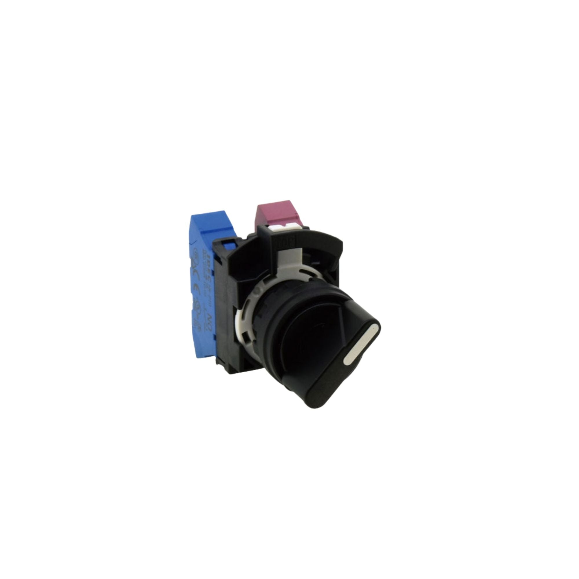 front side view of a selector switch unit with blue and red contact blocks in the back and a black switch in the front