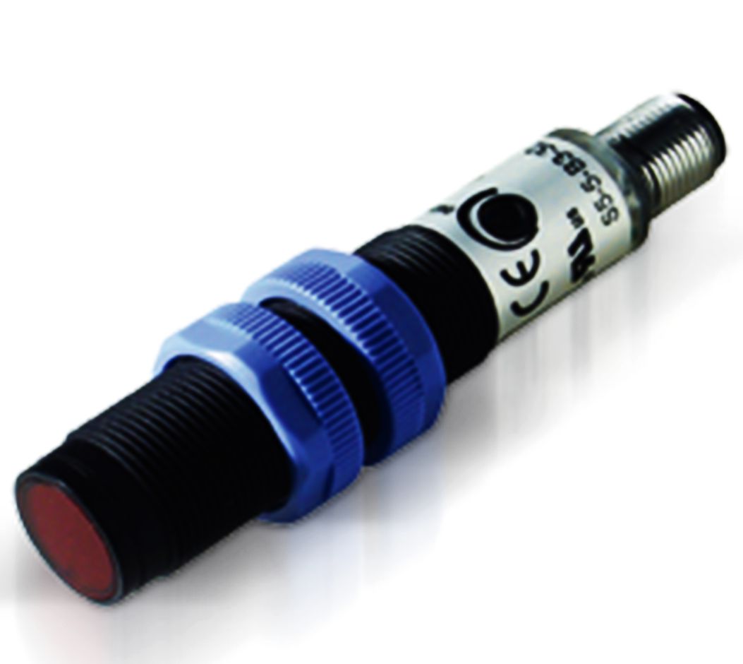 side view of a tubular shaped sensor unit with a red button on the left end and a threaded stem on the right, and two blue rings around the center