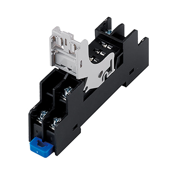 Black plastic housing that clips onto din rail, with connection points on the face