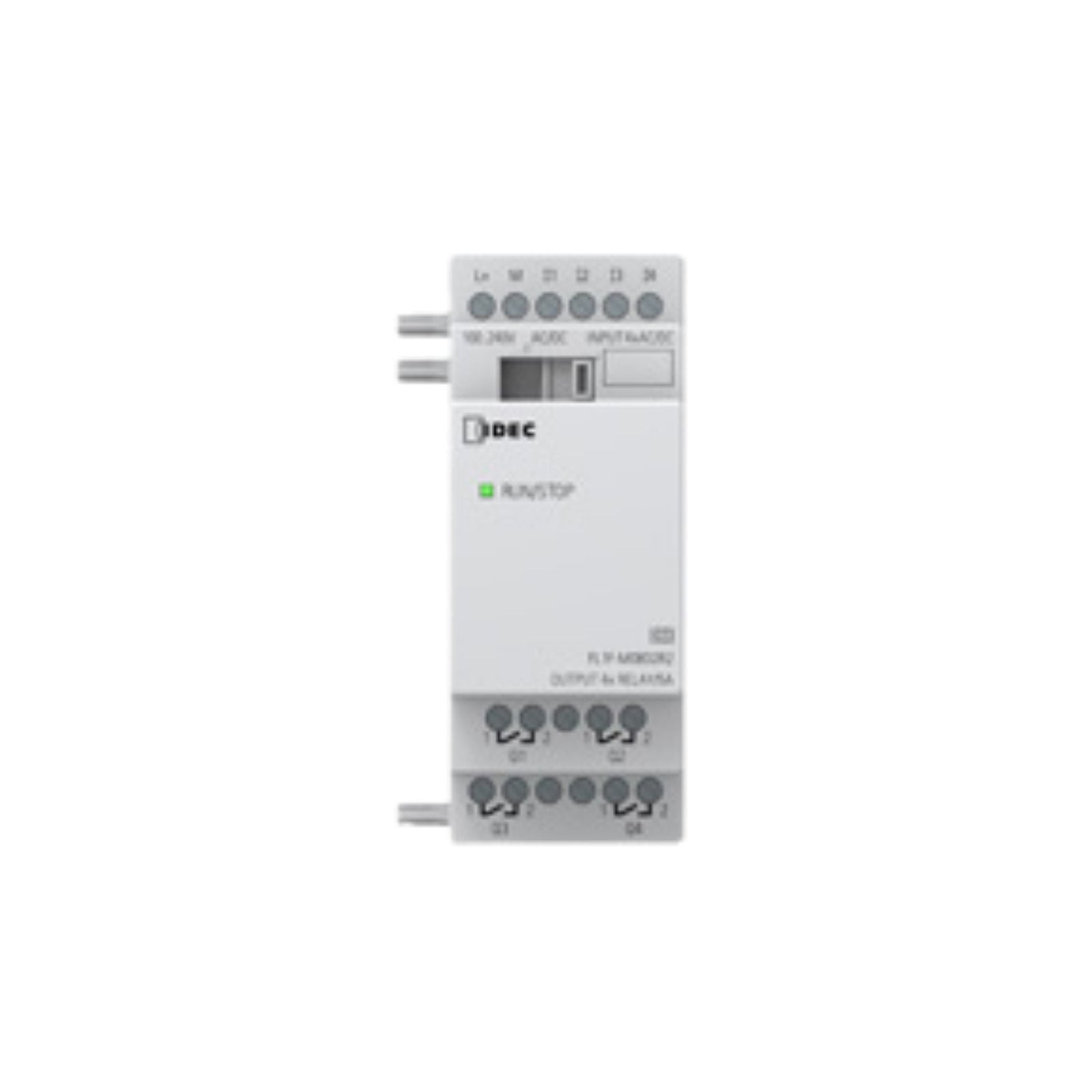 front view of a thin rectangular white relay module with relay outputs along the top and bottom