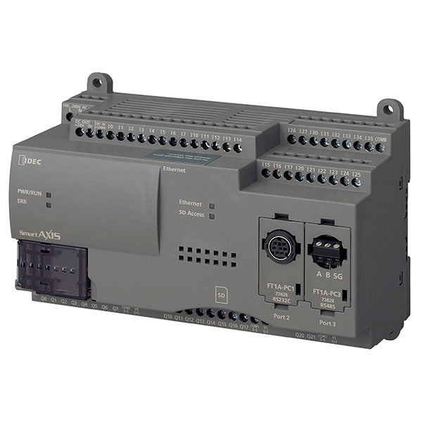 front view of a DC power unit with indicator lights along the top, control buttons on the bottom, and input connection ports in the middle on the right side