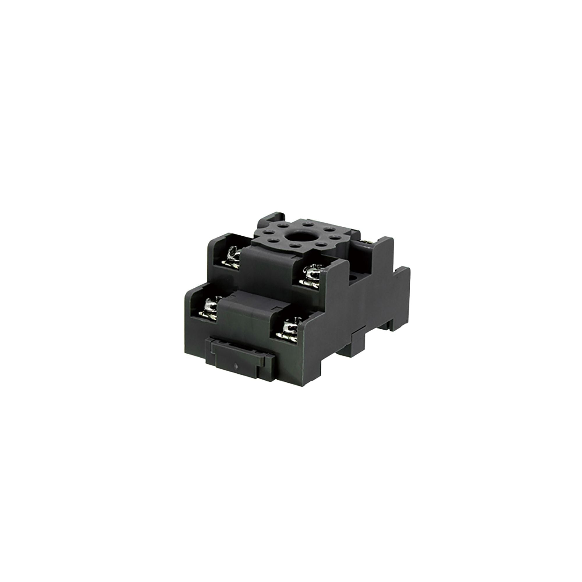 side view of a black socket mount with two levels of silver contacts