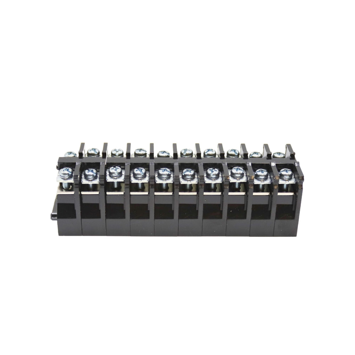 side view of black terminal block with 20 screws
