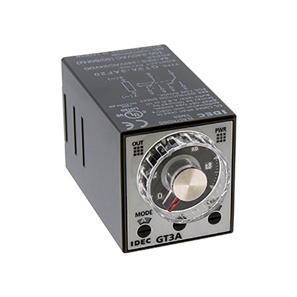 top front view of a black rectangular timing unit with a single clear contol knob and indicators on the front 