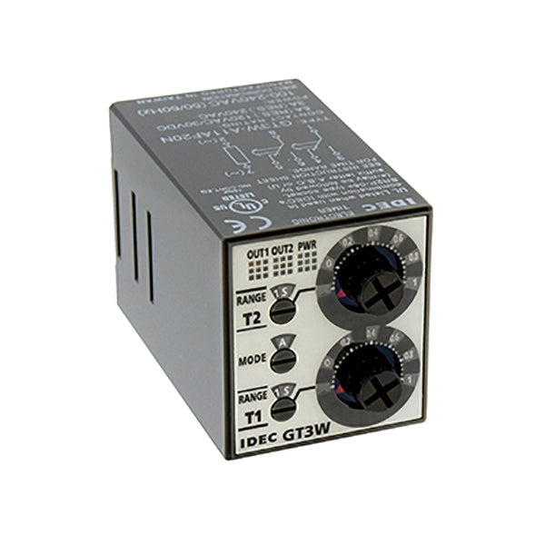 top front view of a black rectangular timing unit with contol knobs and indicators on the front