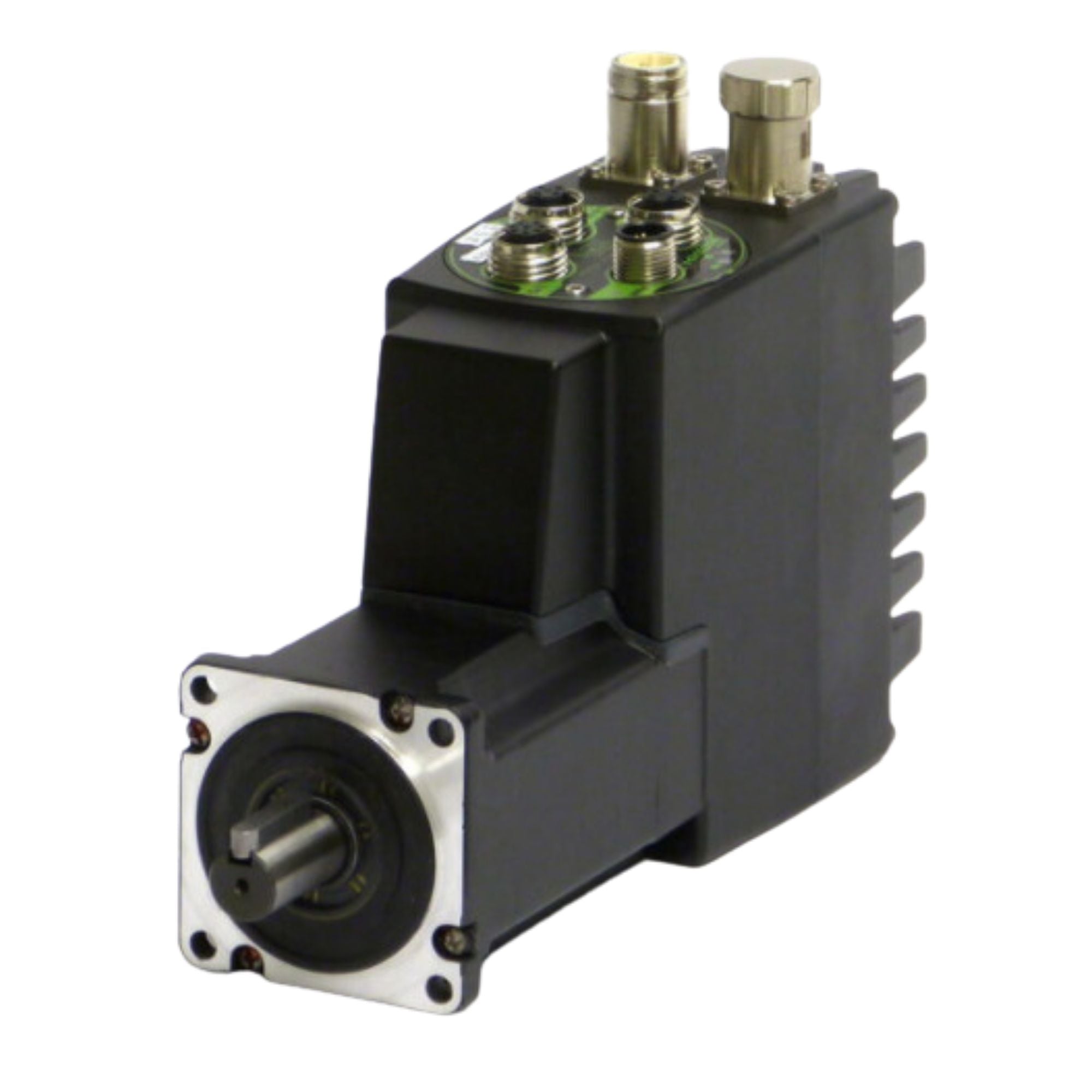 Black intergrated motor with connections on the top side and keyed output shaft coming out of the front face