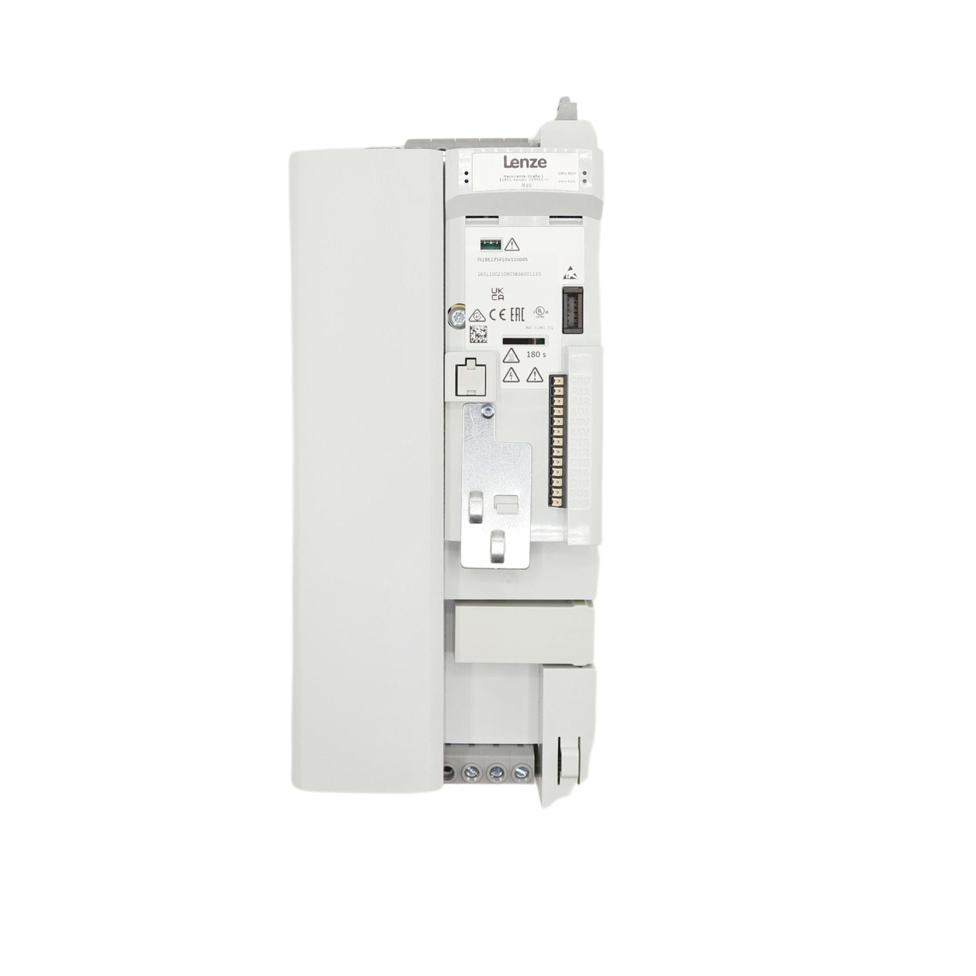 Lenze | i510 10hp Cabinet mount 480volt 5digital inputs, 2 analog inputs, 1 digital output 1 analog Output, 1 relay | I51BE275F10V11000S -  front view