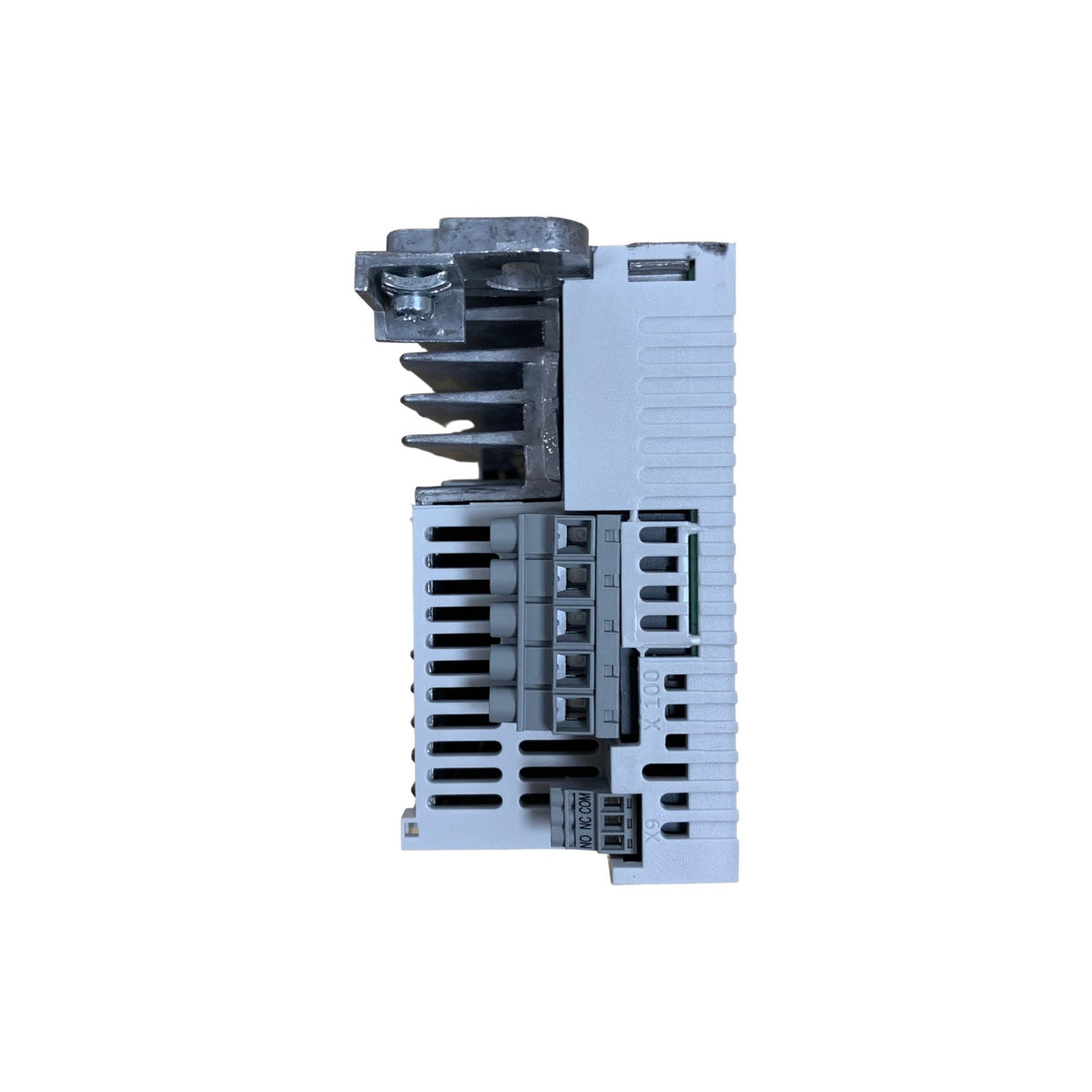 upright frequency inverter power unit with a bracket at the top left and five input ports near the center