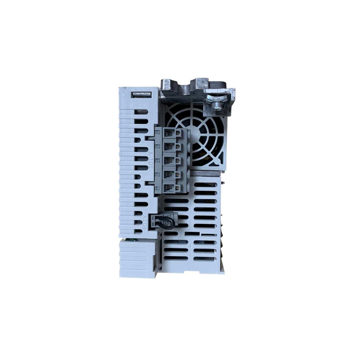 upright frequency inverter power unit with a bracket and fan at the top right and five input ports near the center