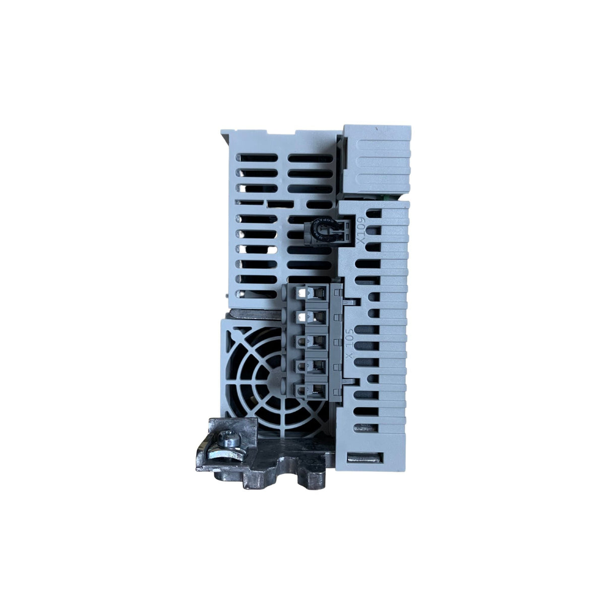 upright inverter power unit with fan and bracket at the bottom left and inputs in the center