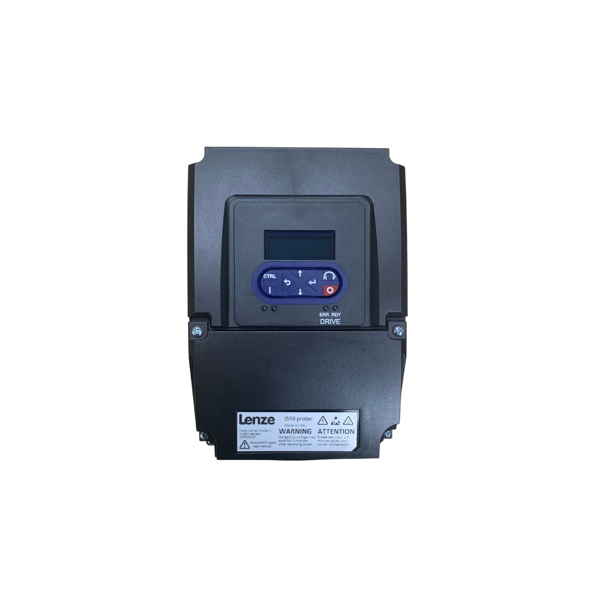 black wall mounted frequency inverter with small keypad and small display screen