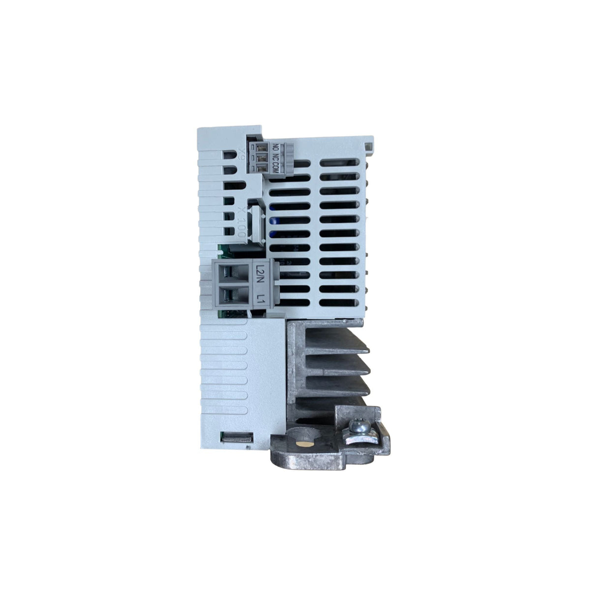 upright inverter power unit with a bracket at the bottom right and two input ports in the center