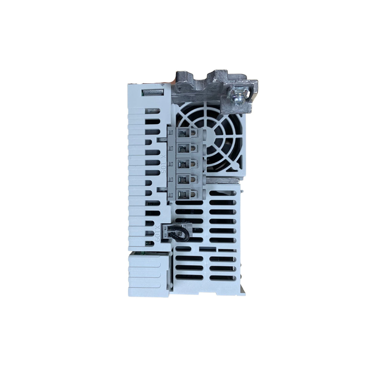 upright inverter power unit with a fan and bracket at the top right and five input ports in the center