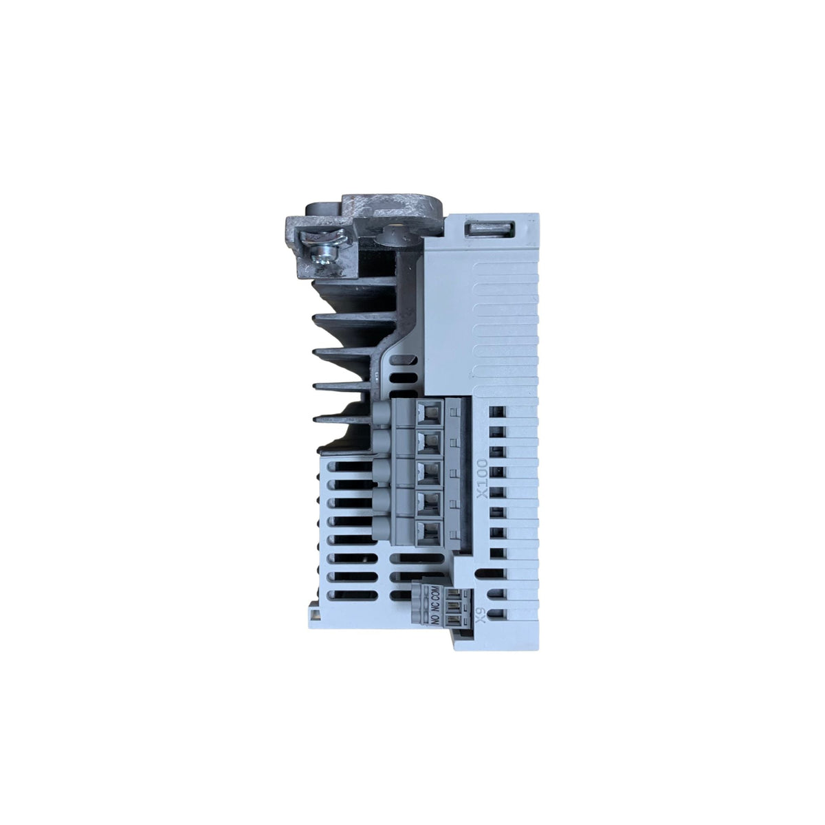 grey, rectangular power unit, with a terminal block in the center and a metal hinge and screw on the top left