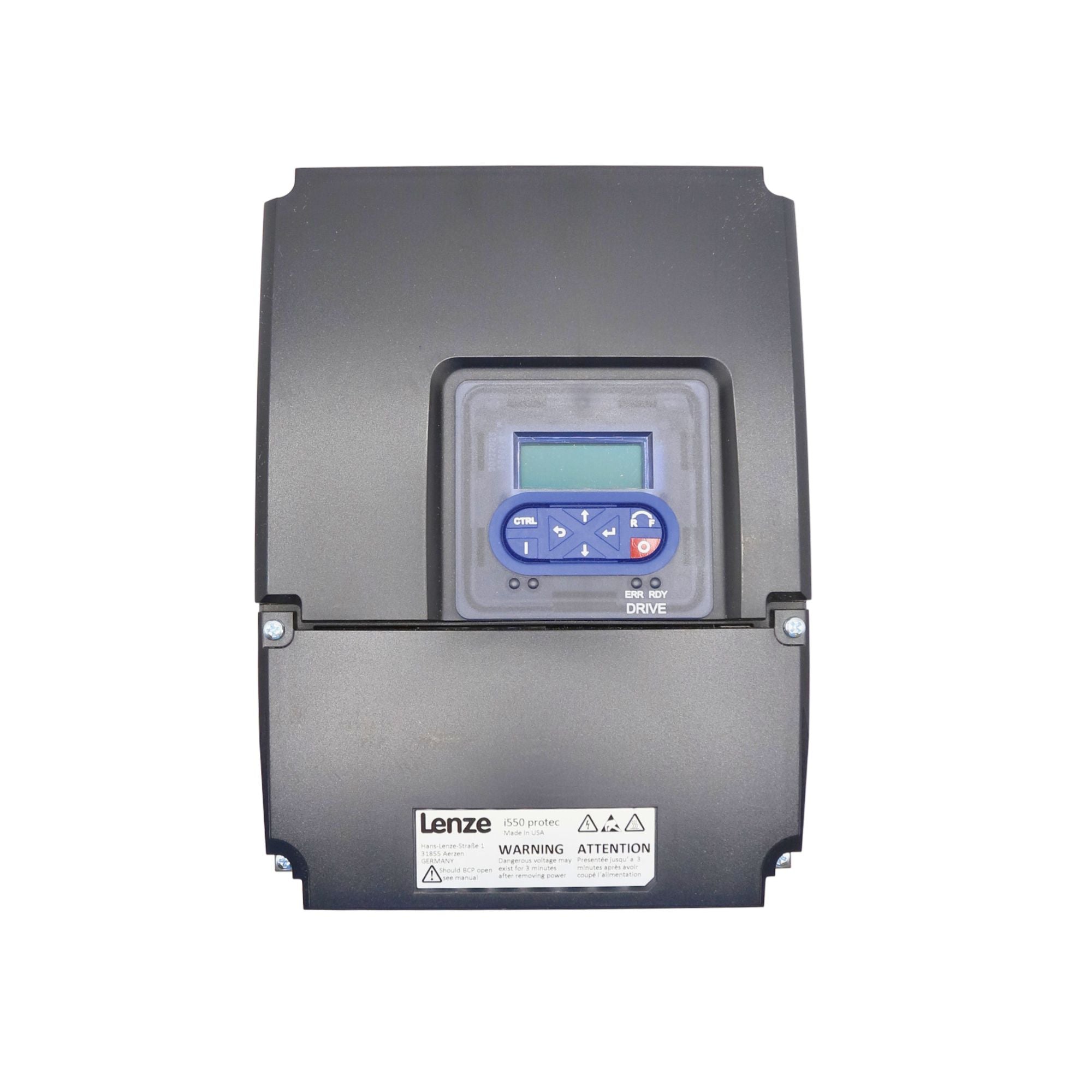 Lenze | I550 Protec 7.5hp Wall Mount, Nema 4x rated, Keypad, Incremental encoder (HTL) via two digital inputs, 5digital inputs, 2 analog inputs, 1 digital output 1 analog Output, 1 relay | I55AP255F00711K00S - front view