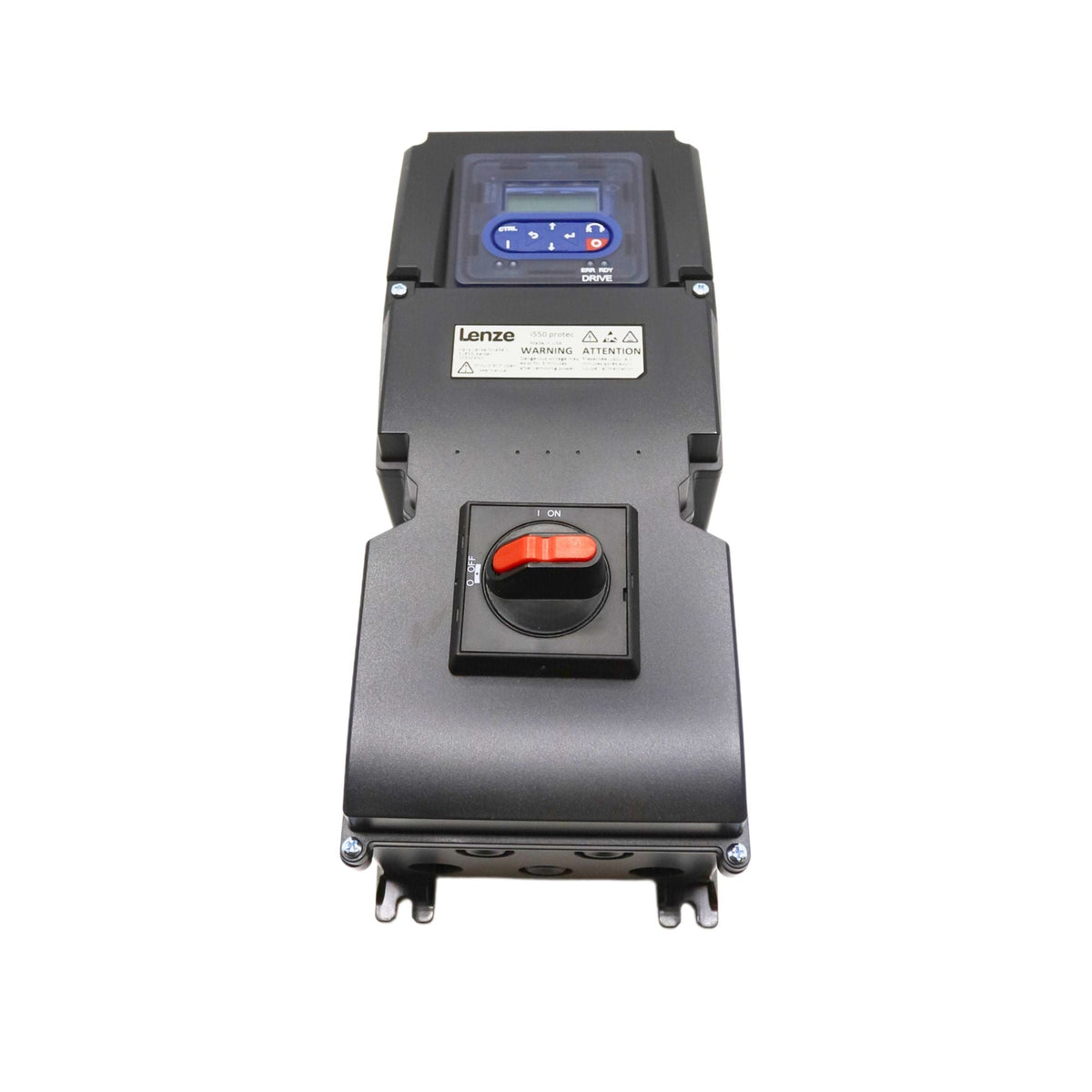 Lenze | I550 Protec 1/2hp Wall Mount, Nema 4x rated, IO-Link, Keypad, with Extension box and repair switch, with Incremental encoder (HTL) | I55AP137F20711K06S  - front view