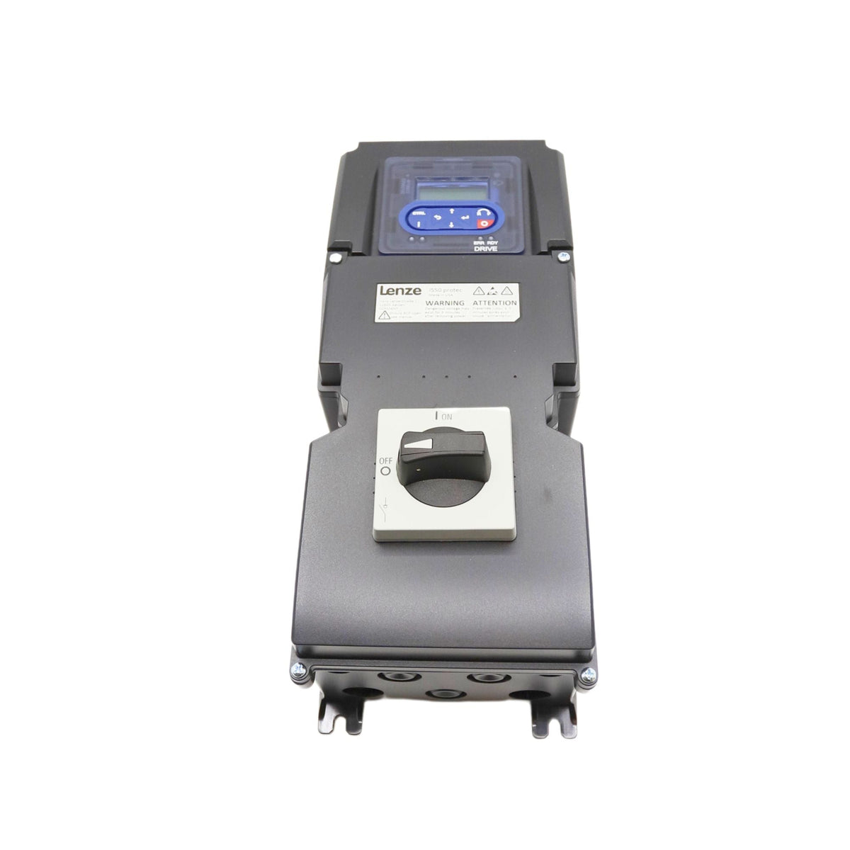Lenze | I550 Protec 1/2hp Wall Mount, Nema 4x rated, IO-Link, Keypad, with Extension box and repair switch, Basic STO with Incremental encoder (HTL) | I55AP137F2A711K06S - front view