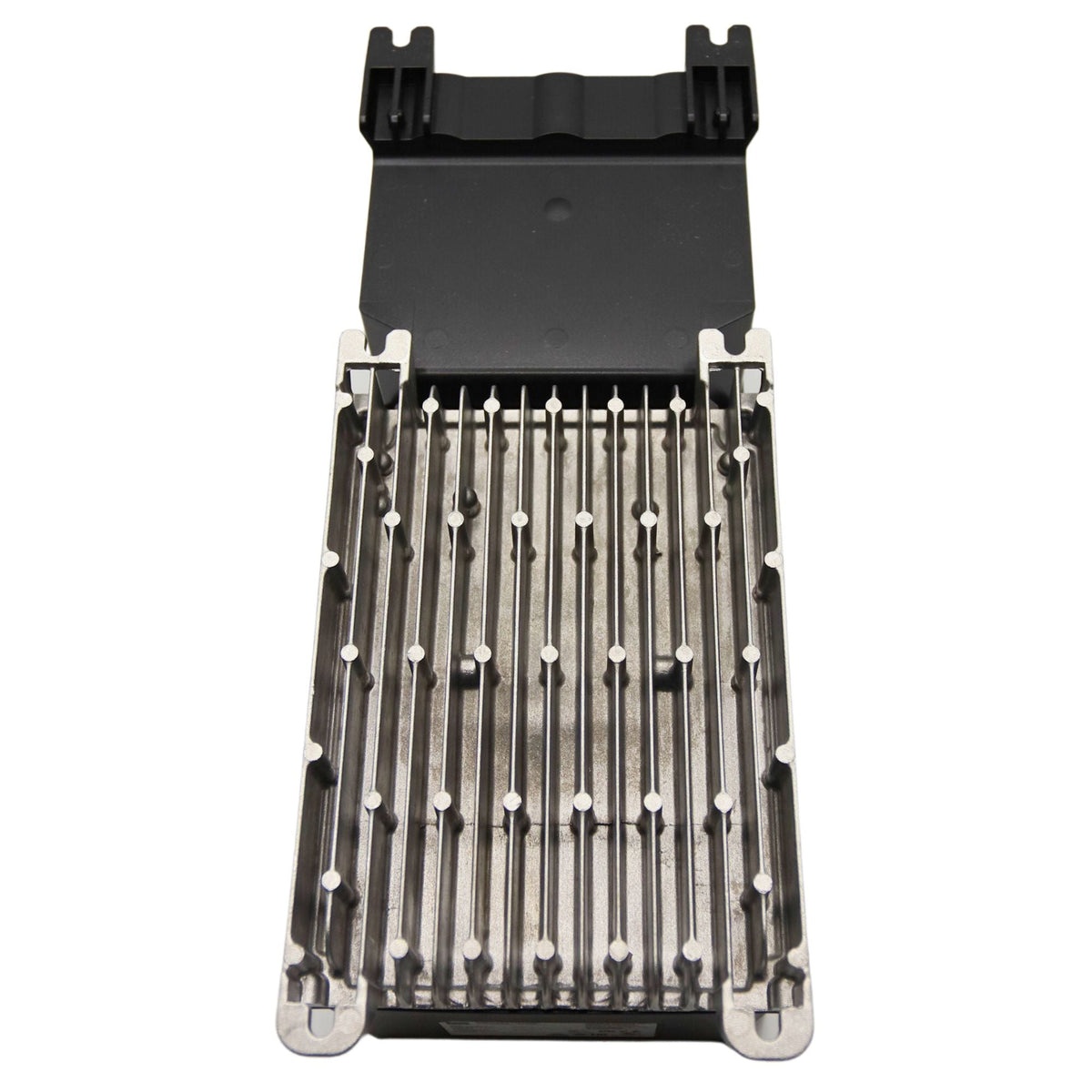 back view, gray grating and black top