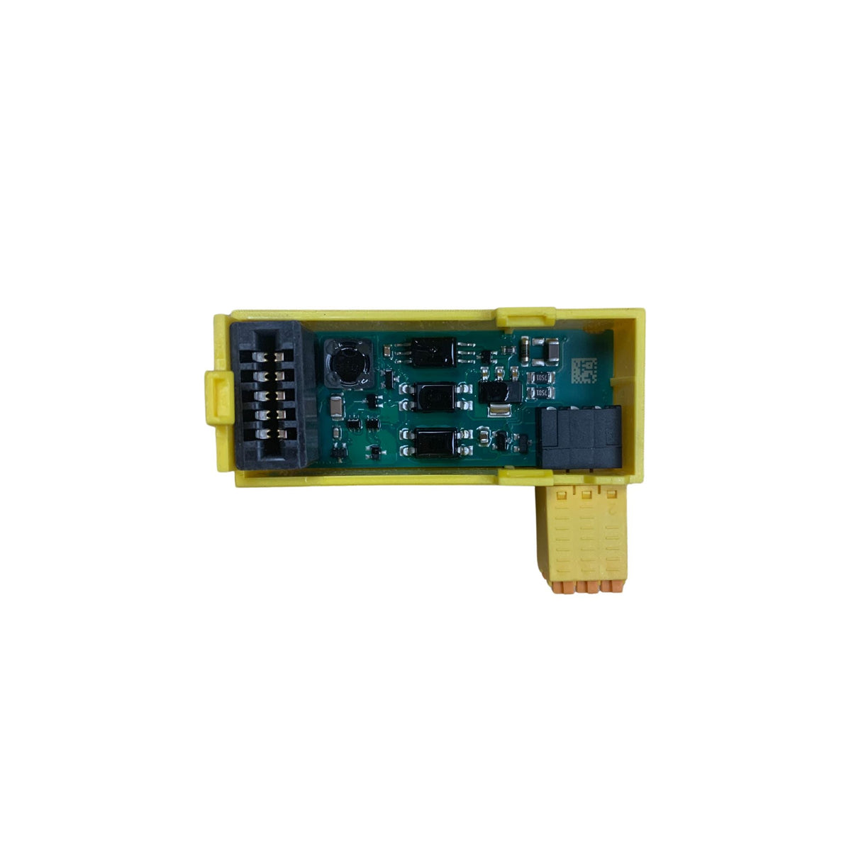 rectangular safety module control board with yellow housing and yellow block on the bottom right