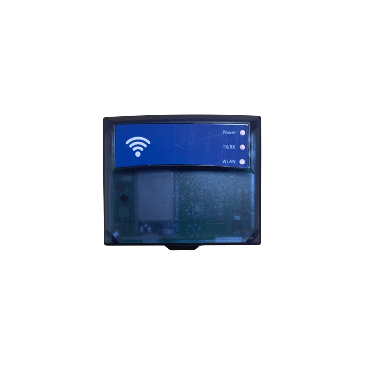 front view of a rectangular interface module with a clear black cover and a blue label across the top