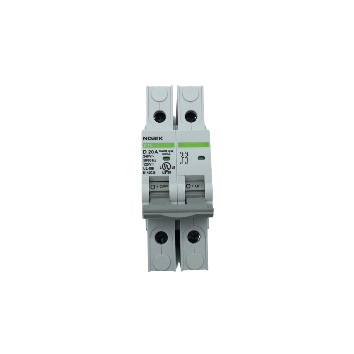 Noark | Mini Circuit Breaker, 2P, D-Curve, 20A, UL489, 240VAC/125VDC, 10 kA, Box Lug | B1N2D20