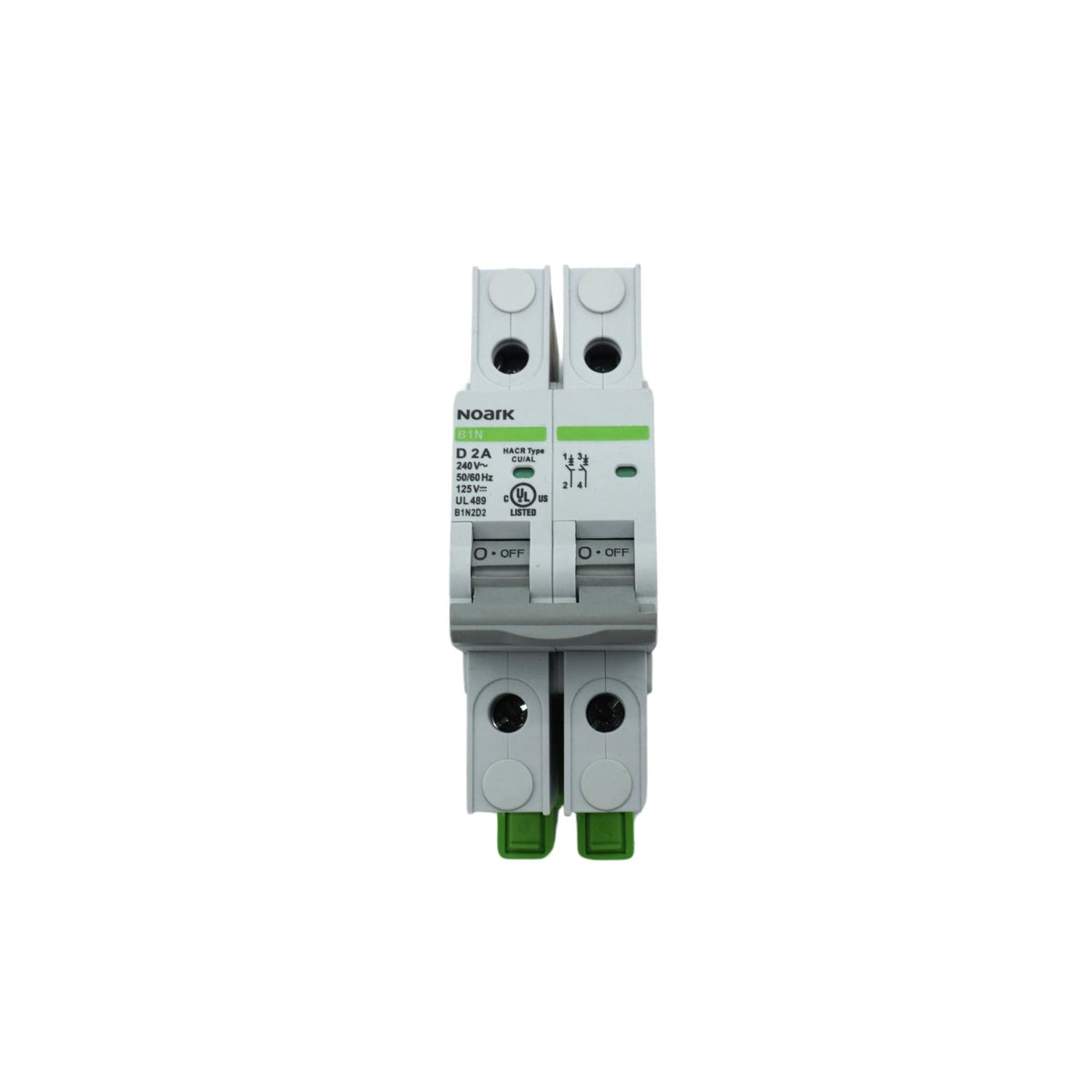 Noark | Mini Circuit Breaker, 2P, D-Curve, 2A, UL489, 240VAC/125VDC, 10 kA, Box Lug | B1N2D2
